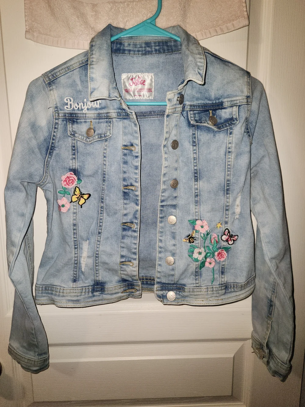 Justice Light Blue Embroidered Floral & Butterfly Denim Jacket